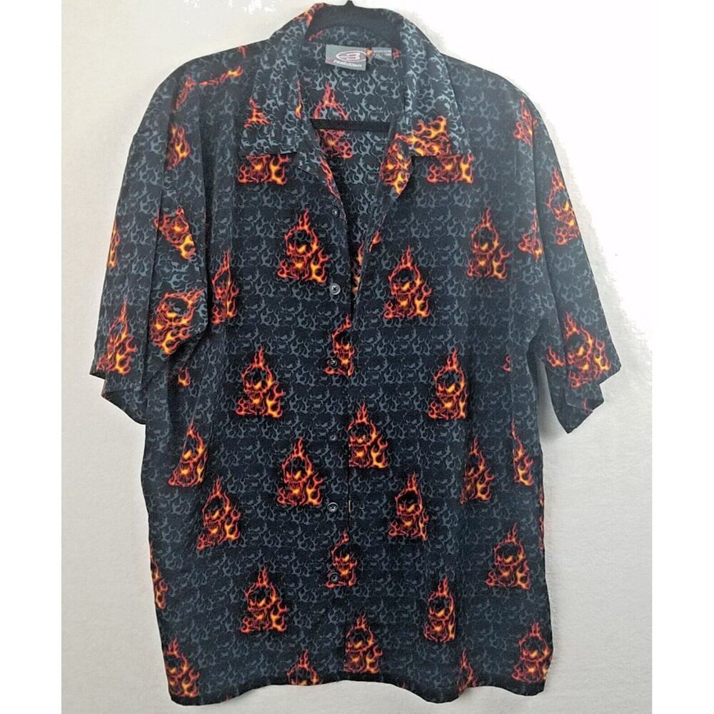 Vintage Y2K Flames Skull Shirt Men’s XL 90s Button Up‎ Emo Black Breakdown